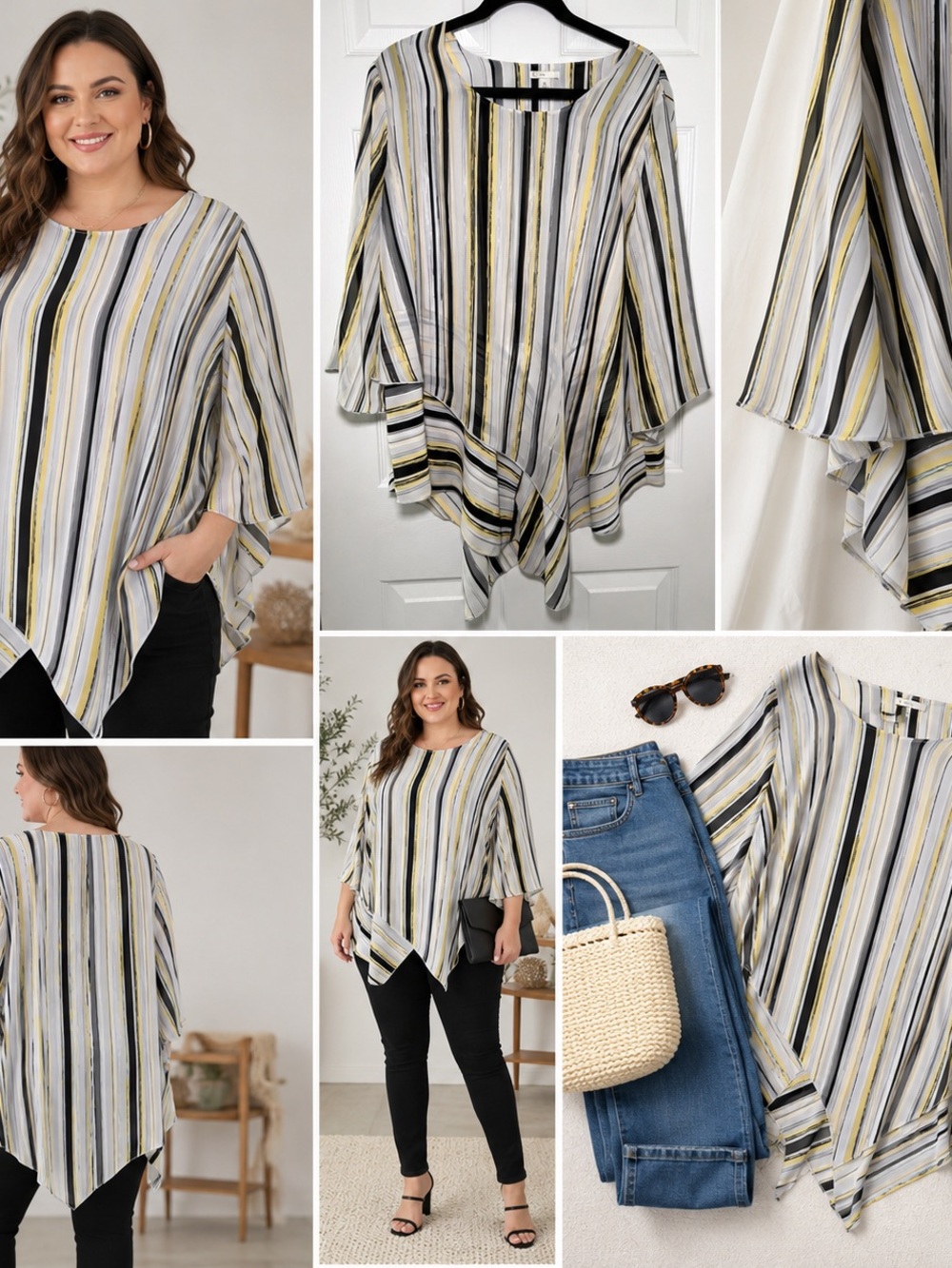 XL Striped Handkerchief Tunic Top - Yellow, Black & White